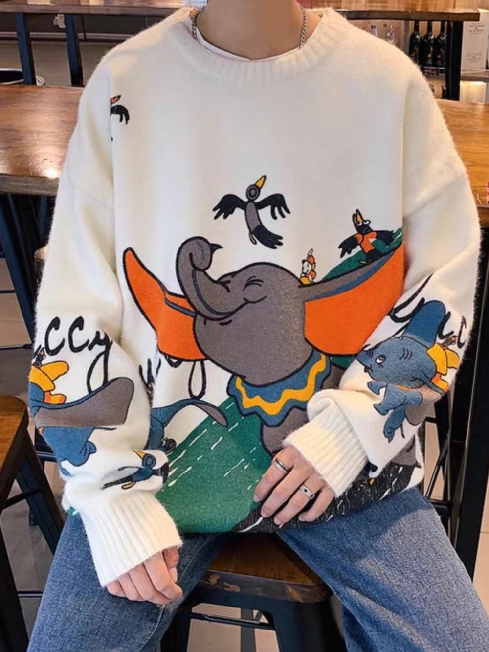 Dumbo Disney Elephant Graphic Knit Sweater - Cream & Orange